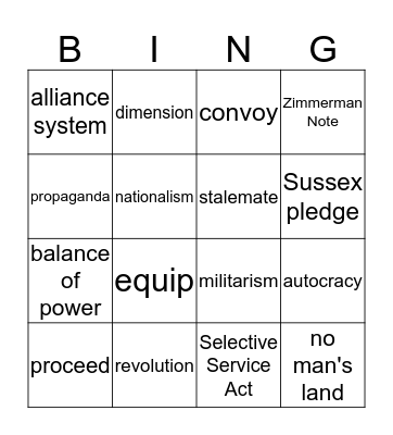 World War I Bingo Card