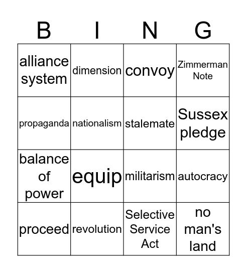 World War I Bingo Card