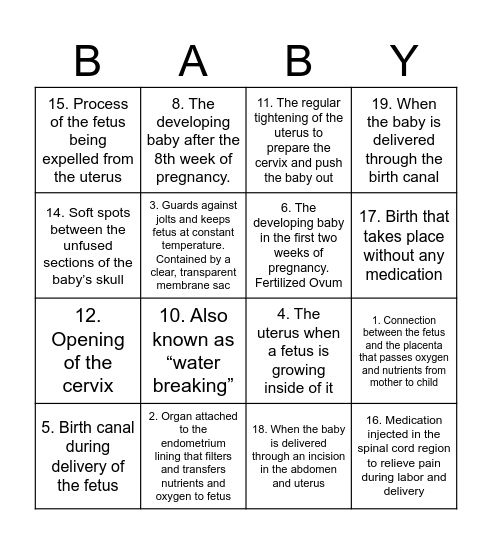 Childbirth Terms BINGO Card