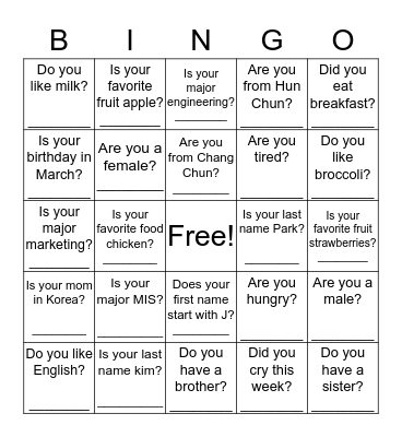 Get to know your classmates! Bingo Card