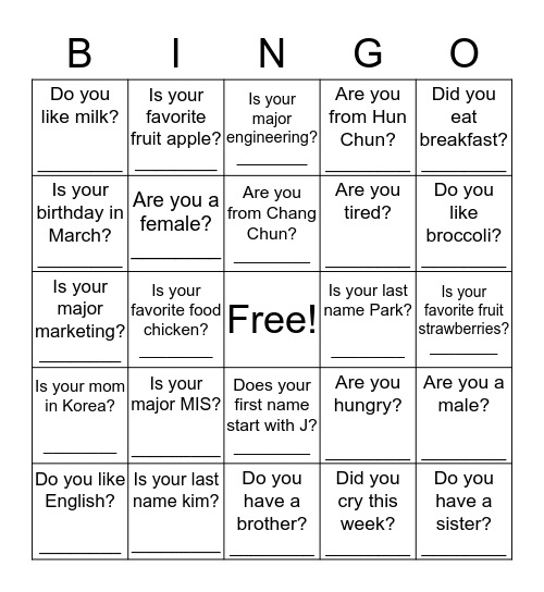 Get to know your classmates! Bingo Card