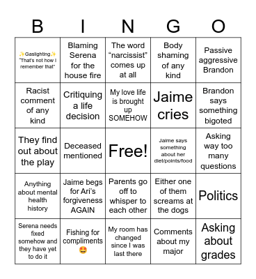 Parentals Bingo Card