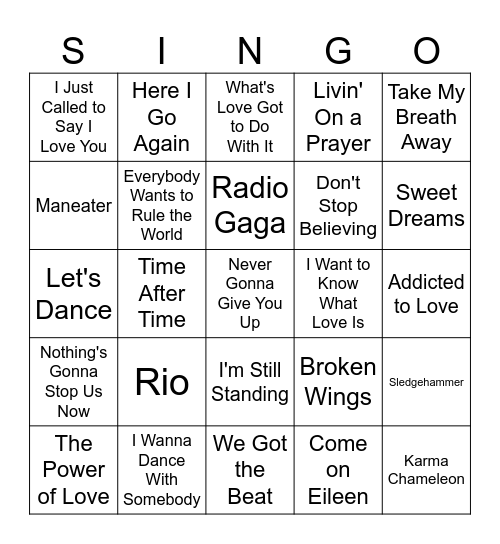80s Singo Bingo Card