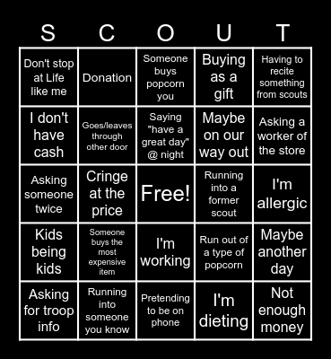 Popcorn Sales Bingo Card