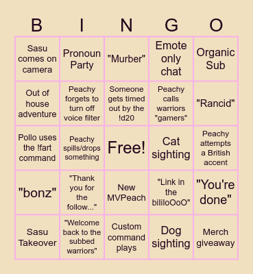 Peachy Warriors September Subathon!! Bingo Card