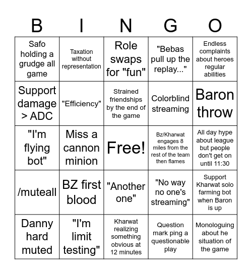 Pleb LoL Bingo Card