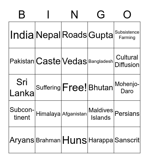 India and Persia Bingo Card