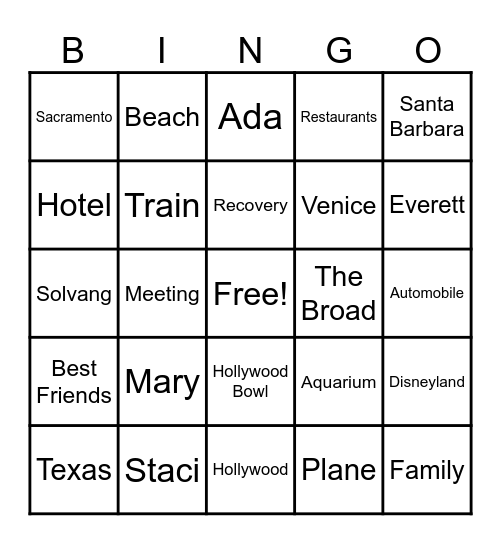 Mary’s Bingo Game Bingo Card