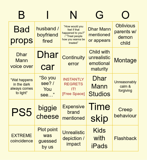 DHAR MANN BINGUS Bingo Card
