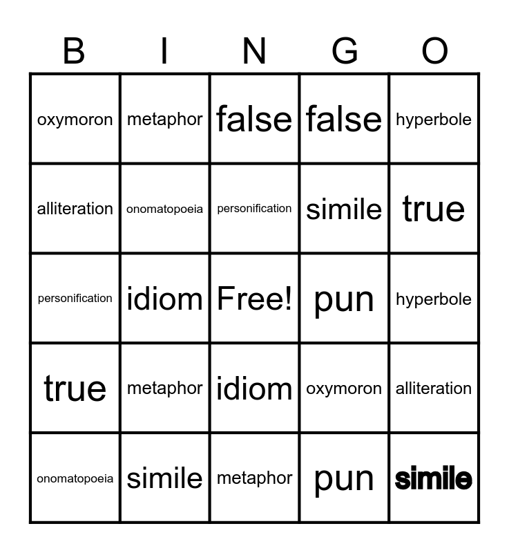 Figurative Language Bingo Card