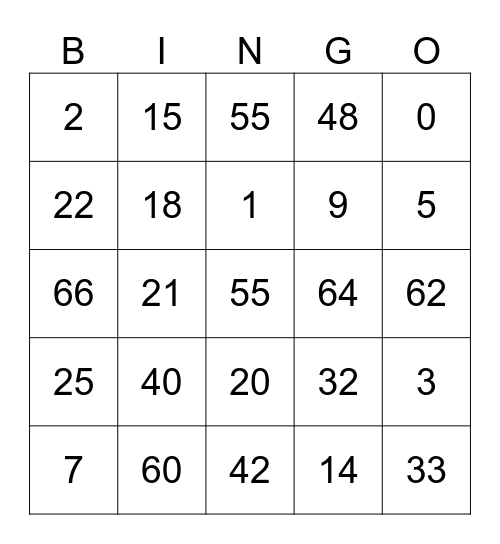 5KO Maths Bingo Card