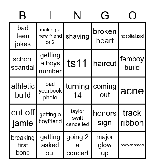 13 y/o bingo Card