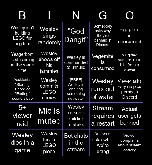 BigPileOfWesley Live Stream Bingo Card