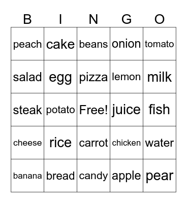 food+fruits+vegetables Bingo Card