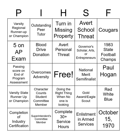 PBIS- Character Counts- BINGO Card