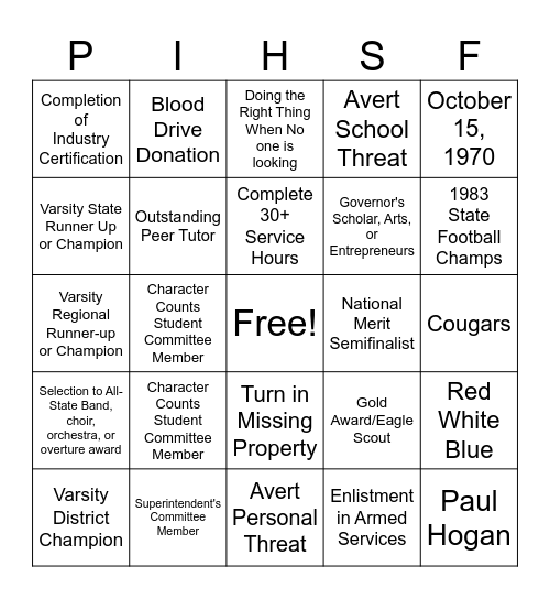 PBIS- Character Counts- BINGO Card