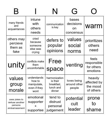 Extraverted Feeling - MBTI Bingo Card