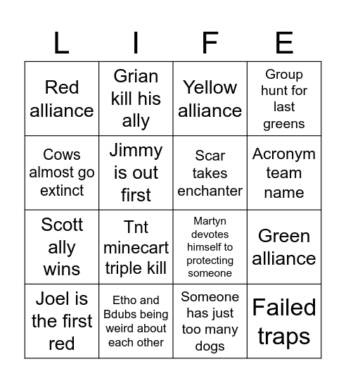 Life Series Bingo Card