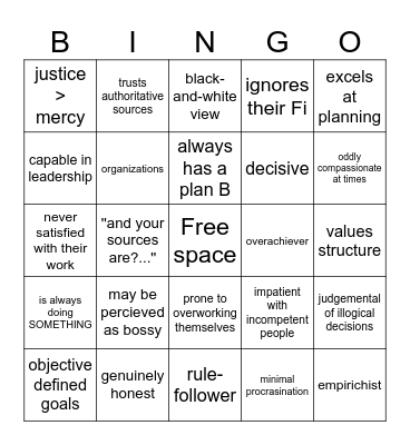 Extraverted Thinking - MBTI Bingo Card
