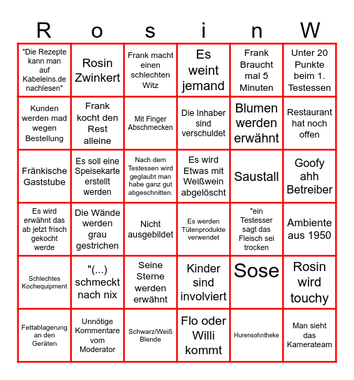 Rosins Restaurant Bingo Card