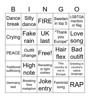 Eurovision Bingo Card