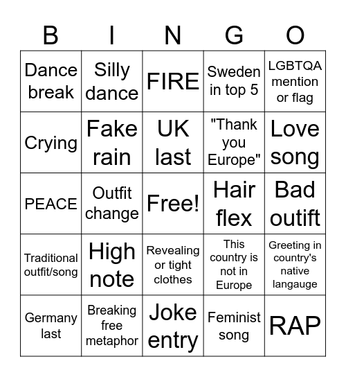 Eurovision Bingo Card