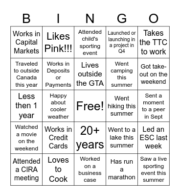 Sept Team Building Bingo Card