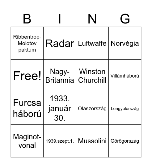 II.VILÁGHÁBORÚ Bingo Card
