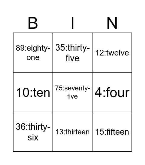 NUMBERS Bingo Card