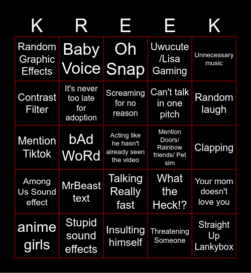 KreekCraft Is Stupid Bingo Card