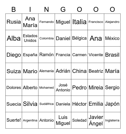 Español, primera clase (nombres, letras, paises) Bingo Card