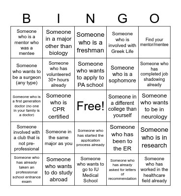 Peer Mentorship Program Bingo Card