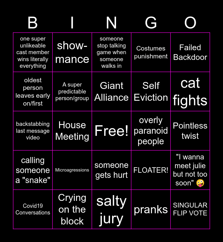 Big Brother Bingo Card