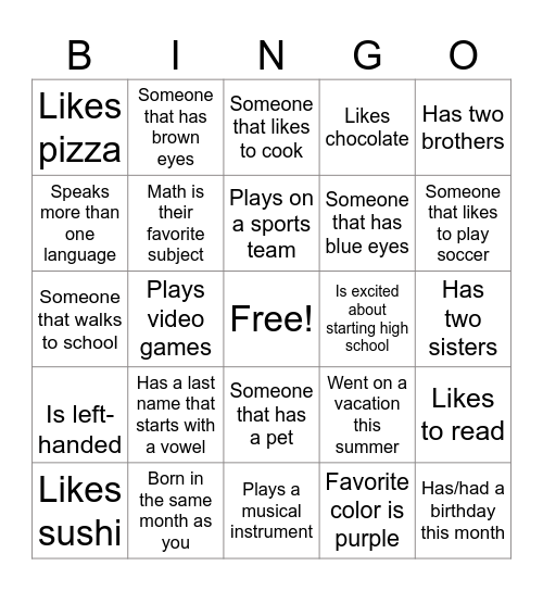 1st Day Bingo Card