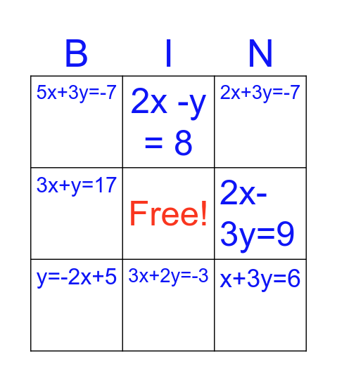 Algebra BINGO Card