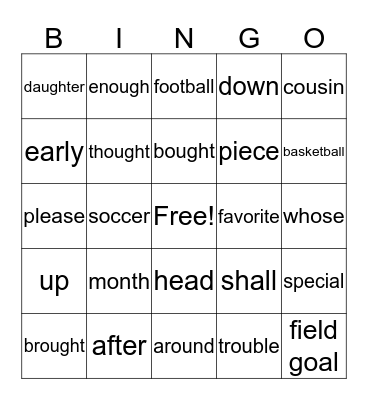 Word Bingo Card