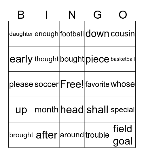 Word Bingo Card