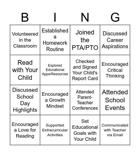 Parent Teacher Bingo Card
