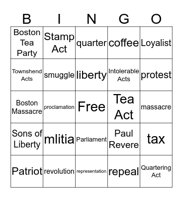 American Revolution 504 Bingo Card