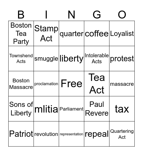 American Revolution 504 Bingo Card