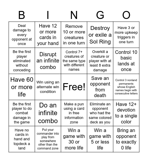 Game Kastle Commander Bingo Card