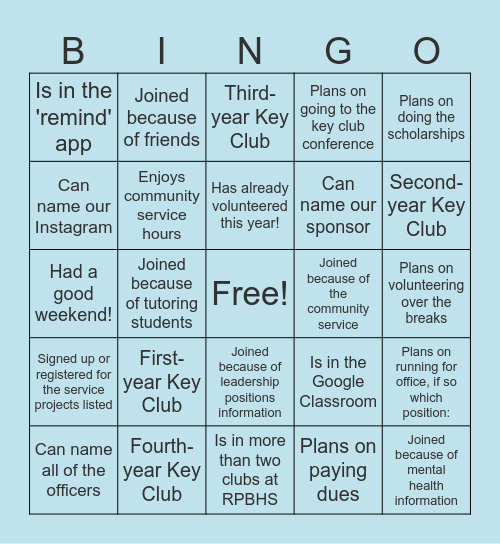 KEY CLUB BINGO! Bingo Card