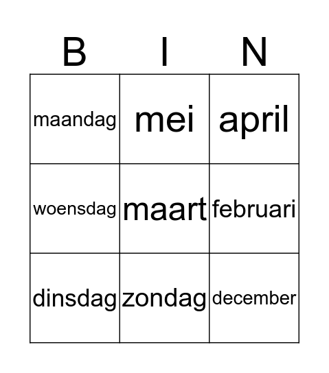 Maanden en dagen Bingo Card