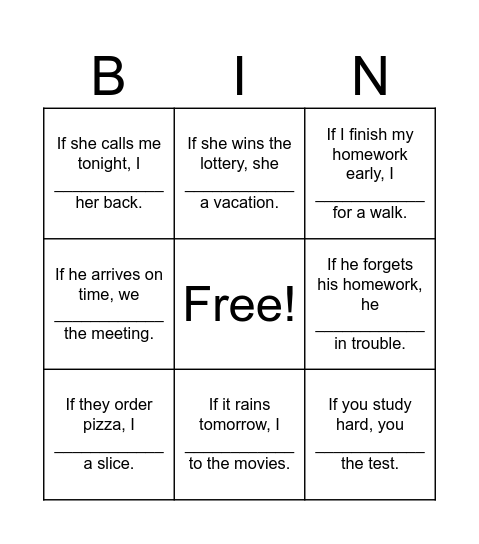 1st conditionals Bingo Card