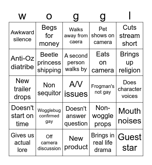 Wogglebug bingo Card