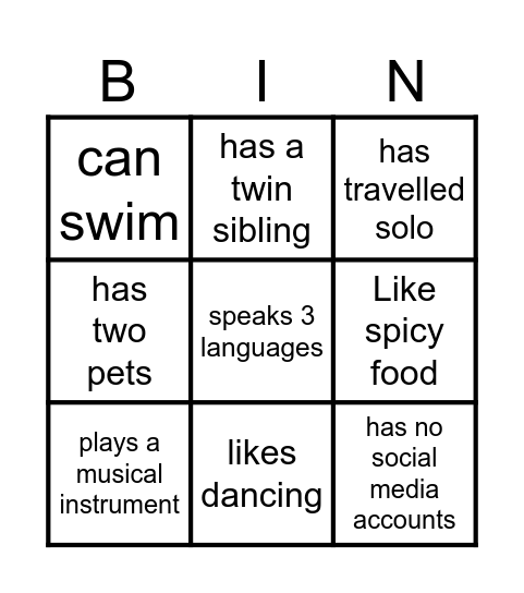 Getting to know each other Bingo Card