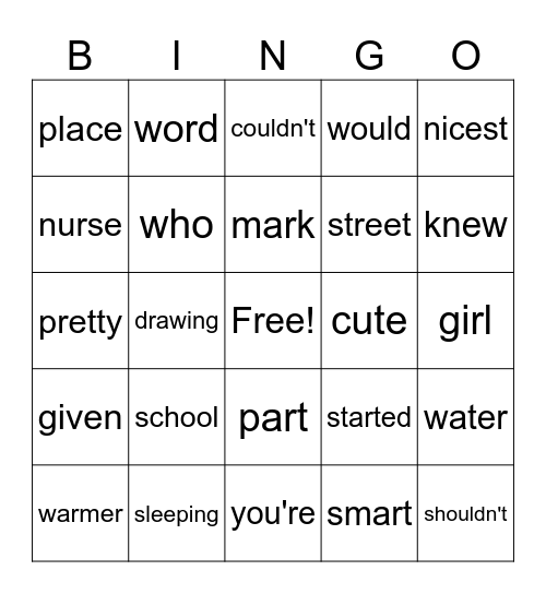 Spelling Revision Bingo Card