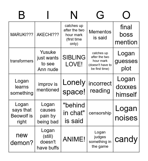 Logan p5R bingo card Bingo Card