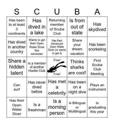 Scuba Club Bingo Card
