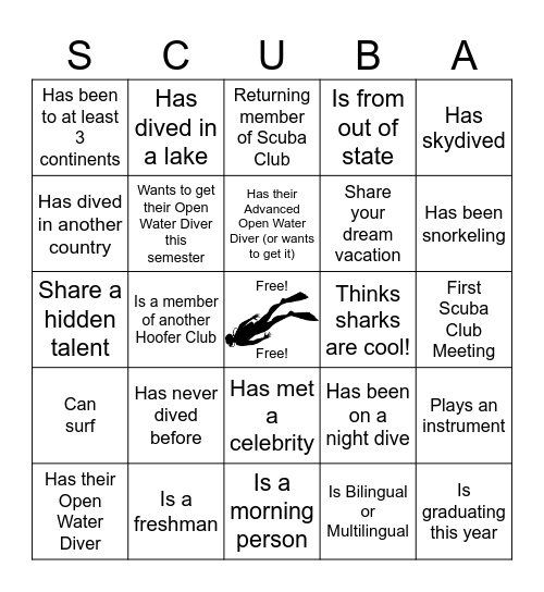 Scuba Club Bingo Card